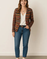 Side view showing the open front and hip-length hem of the striped cardigan