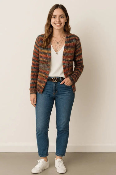 Side view showing the open front and hip-length hem of the striped cardigan
