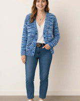 Back view of the striped knit cardigan with long sleeves