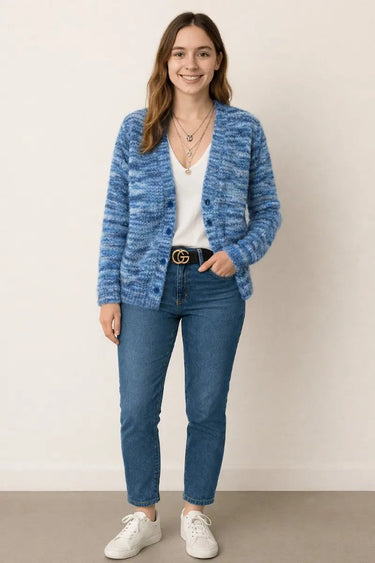 Back view of the striped knit cardigan with long sleeves