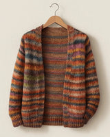 Front view of a striped knit open-front cardigan with long sleeves