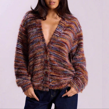 Striped Knit Cardigan with Open Front and Long Sleeves