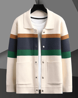 Side profile of a striped jacquard cardigan showing relaxed straight silhouette