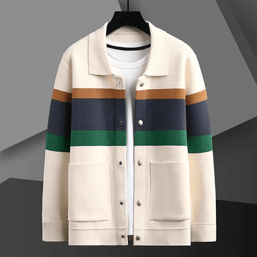 Side profile of a striped jacquard cardigan showing relaxed straight silhouette