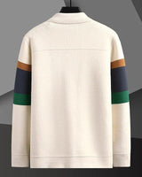 Close-up of the polo collar and button front on the striped knit cardigan