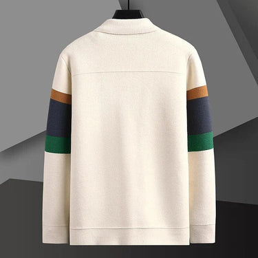 Close-up of the polo collar and button front on the striped knit cardigan