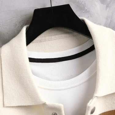 Detail shot of the jacquard knit texture and colour block stripes on the cardigan