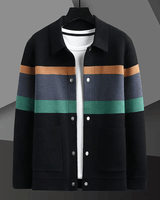 Front view of a striped knit cardigan with polo collar and colour block detail