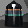 Front view of a striped knit cardigan with polo collar and colour block detail