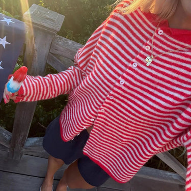 Back view of women's striped knit cardigan