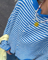 Close-up of horizontal stripe pattern on knit cardigan