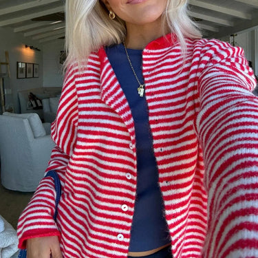 Striped cardigan worn buttoned up showing full silhouette