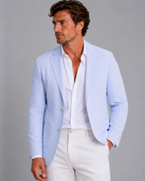 Side profile of the striped men's blazer showing tailored fit and structured silhouette