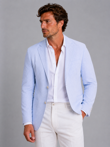Side profile of the striped men's blazer showing tailored fit and structured silhouette