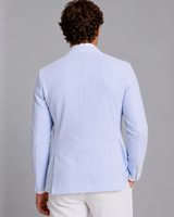 Rear view of the men's stripe blazer highlighting the clean cut and hem length