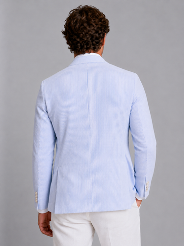 Rear view of the men's stripe blazer highlighting the clean cut and hem length