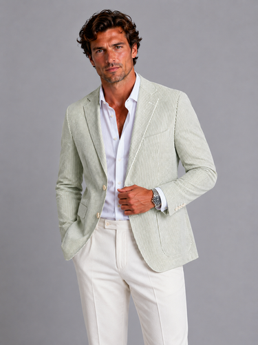 Model wearing the striped blazer styled for a smart summer occasion