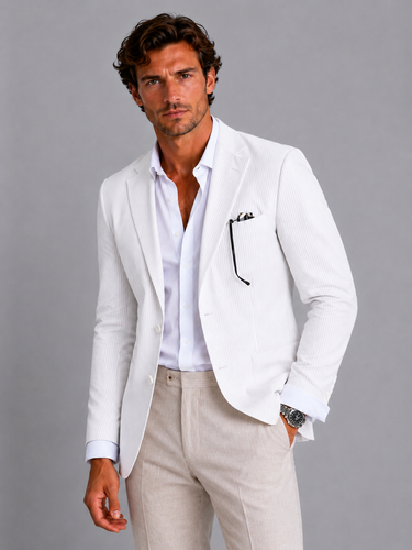 Flat lay of the men's striped blazer showing full length and construction