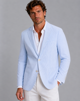 Front view of a men's striped seersucker blazer with notch lapel and button fastening