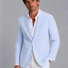 Front view of a men's striped seersucker blazer with notch lapel and button fastening