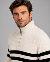 Detail shot of the cable-knit texture and contrast stripe detailing across the chest