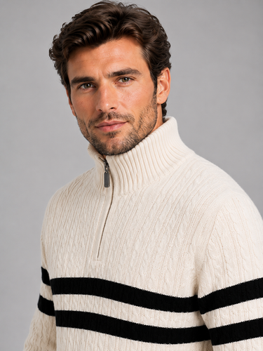 Detail shot of the cable-knit texture and contrast stripe detailing across the chest