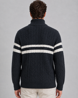 Rear view of the men's cable-knit wool jumper with ribbed hem and trims