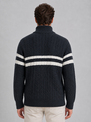 Rear view of the men's cable-knit wool jumper with ribbed hem and trims