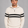 Front view of a men's cable-knit wool jumper with contrast chest stripes and half-zip collar
