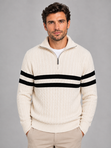 Front view of a men's cable-knit wool jumper with contrast chest stripes and half-zip collar