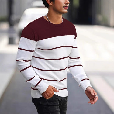 Side view of men's fine knit striped jumper showing silhouette and fit