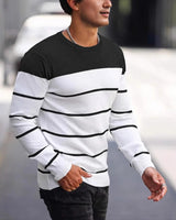 Rear view of men's horizontal stripe fine knit jumper with ribbed hem