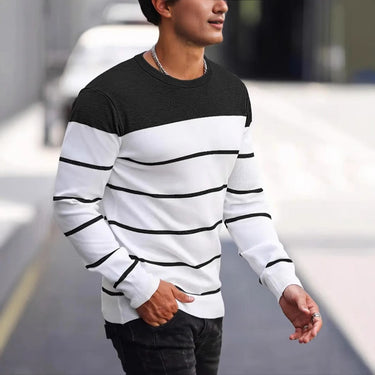 Rear view of men's horizontal stripe fine knit jumper with ribbed hem