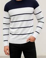 Close-up of ribbed crew neck and stripe detail on men's fine knit jumper