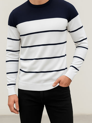 Close-up of ribbed crew neck and stripe detail on men's fine knit jumper
