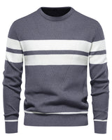 Side view of a men's round neck jumper with stripe detailing