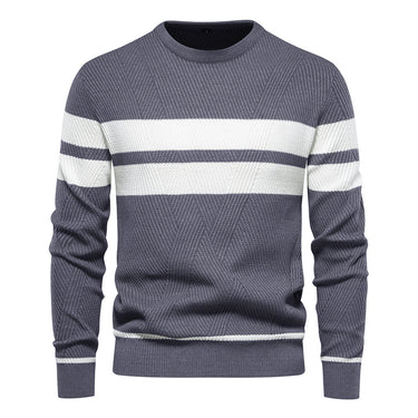 Side view of a men's round neck jumper with stripe detailing