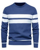 Back view of a men's striped round neck jumper