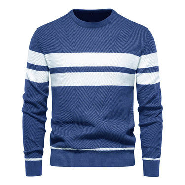 Back view of a men's striped round neck jumper
