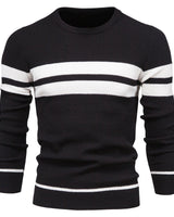 Three-quarter view of a men's jumper with horizontal stripes