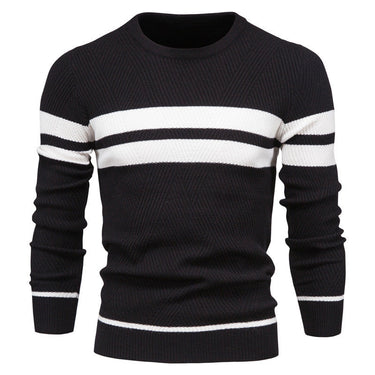 Three-quarter view of a men's jumper with horizontal stripes