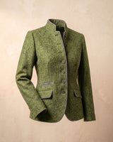 Close-up of contrast trim at the collar of the blazer jacket