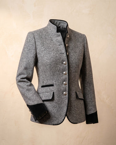 Pocket detail with contrast trim on the blazer jacket
