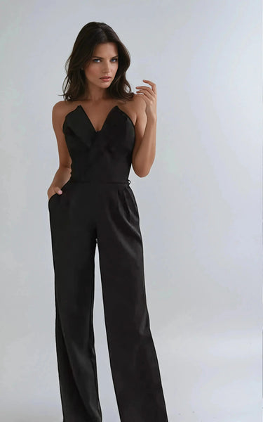 Structured Pleated Strapless Wide-Leg Jumpsuit