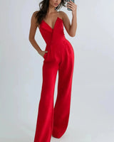 Structured Pleated Strapless Wide-Leg Jumpsuit