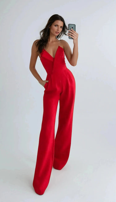 Structured Pleated Strapless Wide-Leg Jumpsuit
