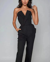 Structured Pleated Strapless Wide-Leg Jumpsuit