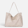Front view of a structured faux leather tote bag with long shoulder straps