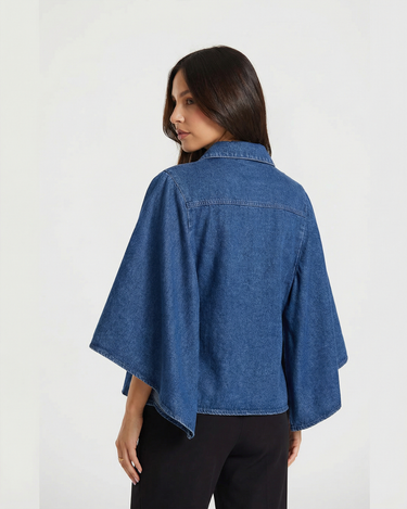 Stylish Women’s Denim Cape Shirt With Button Front And Collar