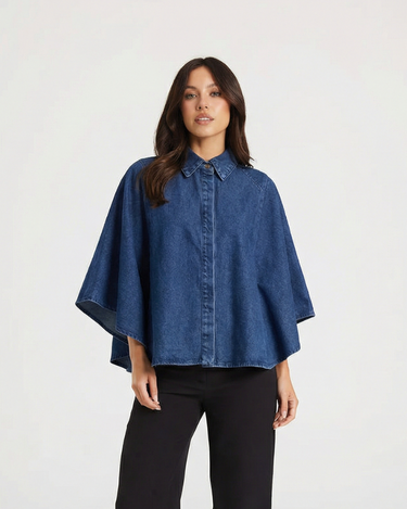 Stylish Women’s Denim Cape Shirt With Button Front And Collar